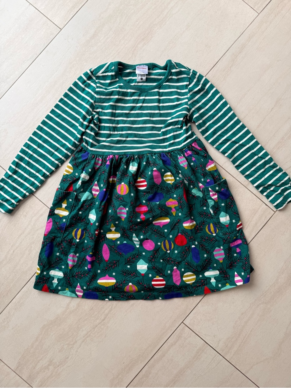Hanna Andersson Girls' Green Striped Long-Sleeve Dress with Ornament Print